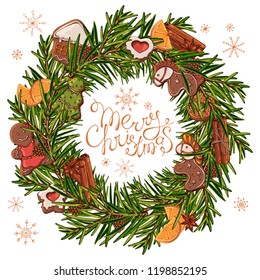 Group of vector colorful illustrations on the theme of Christmas Traditions; a wreath of green branches of a Christmas tree, decorated with New Year decorations.