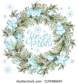 A group of vector colorful illustrations on the theme of Christmas traditions; a wreath of green branches of a Christmas tree, decorated with New Year decorations.