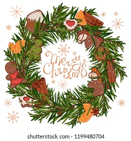 A group of vector colorful illustrations on the theme of Christmas traditions; a wreath of green branches of a Christmas tree, decorated with New Year decorations.