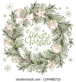 A group of vector colorful illustrations on the theme of Christmas traditions; a wreath of green branches of a Christmas tree, decorated with New Year decorations.