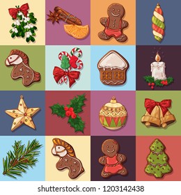 Group of vector colorful illustrations on the Christmas Traditions theme; set of different kinds of New Year symbols and cute festive sweets. For your design, posters, greeting cards, invitations.