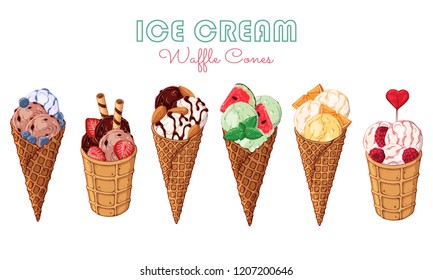 Group of vector colorful illustrations on the sweets theme; set of different kinds of ice cream in waffle cones decorated with berries, chocolate or nuts. Realistic isolated objects for your design.