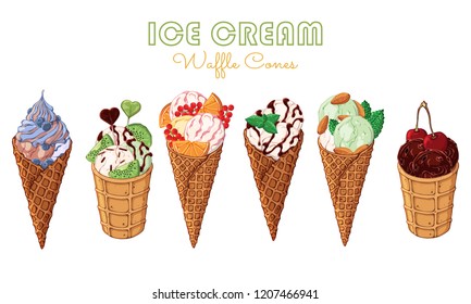 Group of vector colorful illustrations on the sweets theme; set of different kinds of ice cream in waffle cones decorated with berries, chocolate or nuts. Realistic isolated objects for your design.