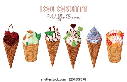 Group of vector colorful illustrations on the sweets theme; set of different kinds of ice cream in waffle cones decorated with berries, chocolate or nuts. Realistic isolated objects for your design.