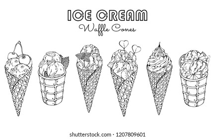 Group of vector colorful illustrations on the sweets theme; set of different kinds of ice cream in waffle cones decorated with berries, chocolate or nuts. Isolated objects for your design.