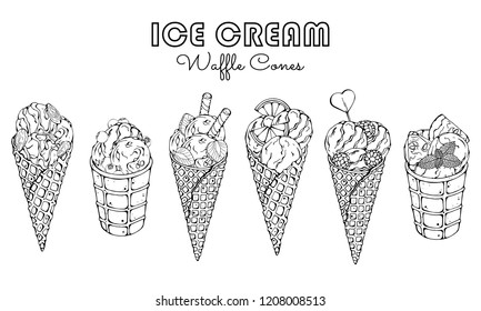 Group of vector colorful illustrations on the sweets theme; set of different kinds of ice cream in waffle cones decorated with berries, chocolate or nuts. Isolated objects for your design.