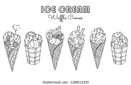 Group of vector colorful illustrations on the sweets theme; set of different kinds of ice cream in waffle cones decorated with berries, chocolate or nuts. Isolated objects for your design.