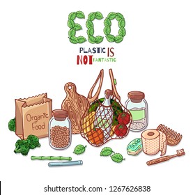 Group of vector colorful illustrations on the environmental protection theme. No plastic. Zero waste. Eco lifestyle. Isolated objects for your design.