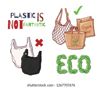 Group of vector colorful illustrations on the environmental protection theme. Reusable items instead of plastic. Isolated objects for your design.