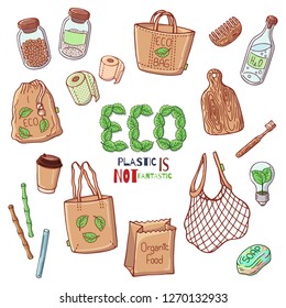 Group of vector colorful illustrations on the environmental protection theme. No plastic. Zero waste. Eco lifestyle. Isolated objects for your design.
