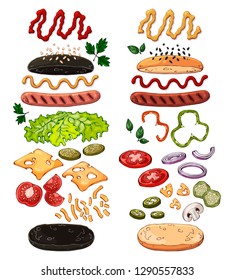 Group of vector colorful illustrations on the fast food theme; set of products for cooking hotdogs. Isolated objects for your design.