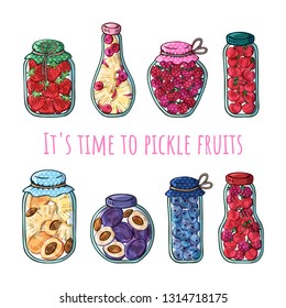 Group of vector colorful illustrations on the nutrition theme; jars of canned fruits. Realistic isolated objects for your design. Each object can be changed and moved.