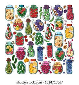 Group of vector colorful illustrations on the nutrition theme; jars of canned vegetables and fruits. Realistic isolated objects for your design. Each object can be changed and moved.