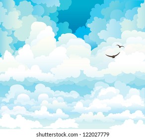 Group vector cumulus clouds blue sky background and two flying birds