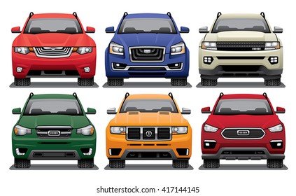 Group of vector drawings of the fronts of modern SUVs.