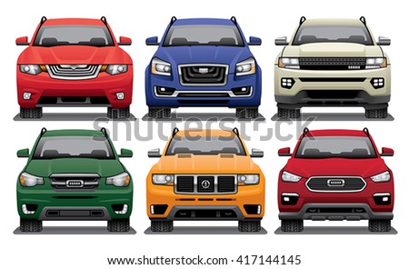 Group of vector drawings of the fronts of modern SUVs.