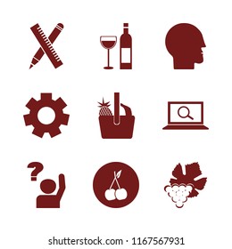 group vector icons set. with ruler and pencil, ask pupil, human head and grape in set