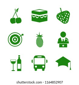 group vector icons set. with strawberry, holy kaaba, target and school bus in set