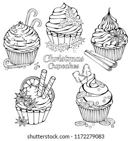 Group of vector illustrations on the Christmas sweets theme; set of different kinds of cupcakes decorated with Christmas candies, fruits and nuts. Pictures are depicted as dark sketches.