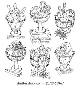 Group of vector illustrations on the Christmas sweets theme; set of different kinds of ice-cream in bowls decorated with Christmas candies, fruits and nuts. 