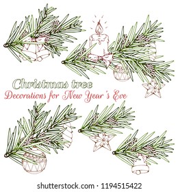 Group of vector illustrations on the Christmas Traditions theme; green branches of a Christmas tree decorated with New Year decorations.