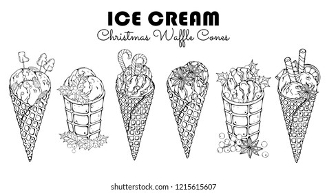 Group of vector illustrations on the Christmas sweets theme; set of different kinds of ice cream in waffle cones decorated with berries, chocolate or nuts. Realistic isolated objects for your design.