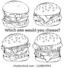 Group of vector illustrations on the fast food theme; set of different kinds of burgers and black burgers.
