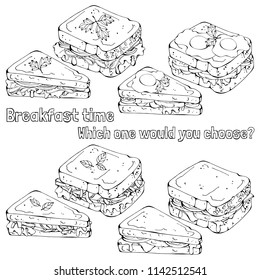 Group of vector illustrations on the fast food theme; set of different kinds of sandwiches.