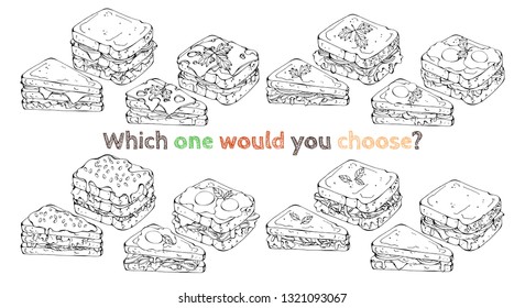 Group of vector illustrations on the fast food theme: set of different kinds of sandwiches. Sketch.