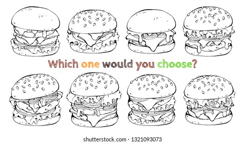 Group of vector illustrations on the fast food theme: set of different kinds of burgers. Sketch.