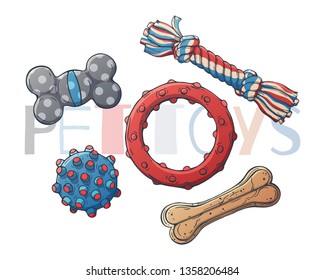 Group of vector illustrations on the pet care theme; toys for cats and dogs. Isolated objects for your design. Each object can be changed and moved.