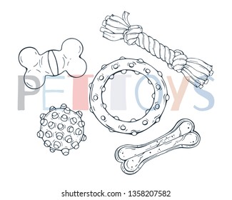 Group of vector illustrations on the pet care theme; toys for cats and dogs. Isolated objects for your design. Each object can be changed and moved.