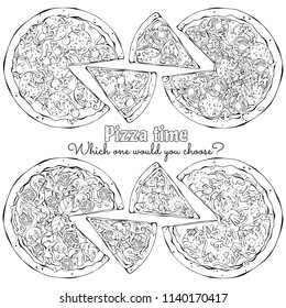 Group of vector illustrations on the pizza theme; several kinds of pizzas from different recipes.