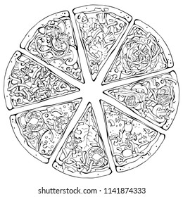 Group of vector illustrations on the pizza theme; pieces of pizza from different recipes.