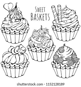 Group of vector illustrations on the sweets theme; set of different kinds of sweet baskets with cream decorated with berries, chocolate or nuts. Pictures are depicted as black sketches.