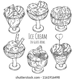Group of vector illustrations on the sweets theme; set of different kinds of ice-cream in bowls decorated with berries, chocolate or nuts. Pictures are depicted as black sketches on a white.