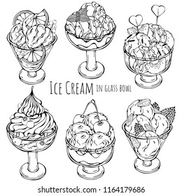 Group of vector illustrations on the sweets theme; set of different kinds of ice-cream in bowls decorated with berries, chocolate or nuts. Pictures are depicted as black sketches on a white.