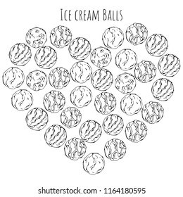 Group of vector illustrations on the sweets theme; set of different kinds of ice cream ballls.  Pictures are depicted as dark sketches on a white background grouped in the heart.