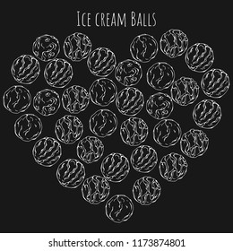 Group of vector illustrations on the sweets theme; set of different kinds of ice cream ballls.  Pictures are depicted as white sketches on a dark background grouped in the heart.