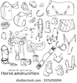 Group of vector illustrations on the theme horse ammunition; Set of isolated objects for equestrian sport and care.