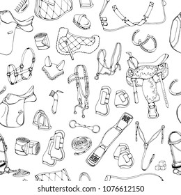 Group of vector illustrations on the theme horse ammunition; Pattern of isolated objects for equestrian sport and care.