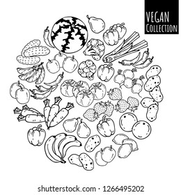 Group of vector illustrations on the vegetarianism theme: various types of fresh vegetables and fruits. Zero waste. Eco lifestyle. Isolated objects for your design.