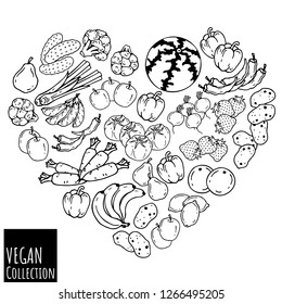 Group of vector illustrations on the vegetarianism theme: various types of fresh vegetables and fruits. Zero waste. Eco lifestyle. Isolated objects for your design.