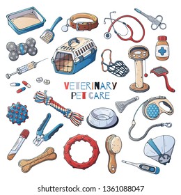 Group of vector illustrations on the veterinary pet care theme; accessories for cats and dogs. Isolated objects for your design. Each object can be changed and moved.