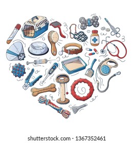Group of vector illustrations on the veterinary pet care theme; accessories for cats and dogs. Isolated objects for your design. Each object can be changed and moved.