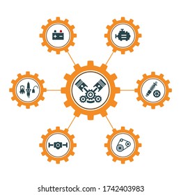 A group of vector images, icons and logos with car parts, batteries, transmission, electrical equipment, engines and other special equipment. Car service. Auto parts store.