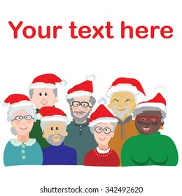 Group of vector objects or template for greeting card, invitation, featuring a cheerful elderly people in hats of Santa Claus