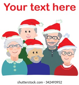 Group of vector objects or template for greeting card, invitation, featuring a cheerful elderly people in hats of Santa Claus