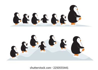 Pingüinos vectoriales grupales caminando sobre la nieve. Caricatura de pingüino cutáneo