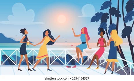 Group of vector pretty young women friends relaxing and spending time together on open air terrace with sunset sea view. Female characters drinking cocktails in club, dancing and communicating